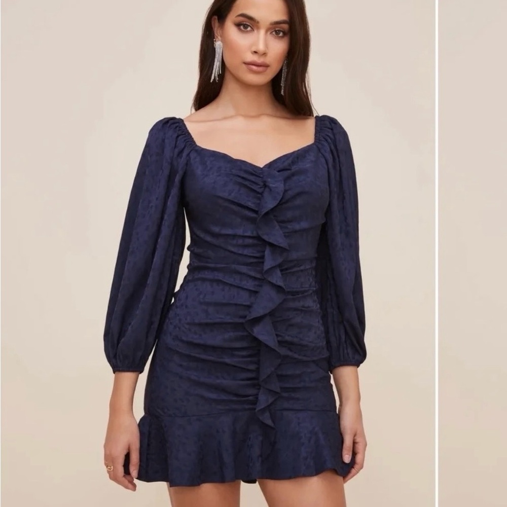 ASTR The Label Navy Blue Print Dress With Frills Size Small #cottage #guest